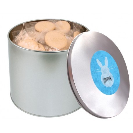 Round tin – flow-wrapped, embossed biscuits