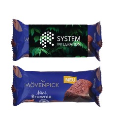 Mövenpick-Brownie im Werbeschuber