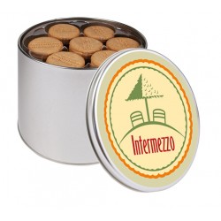Round tin, embosseded  biscuits in tray