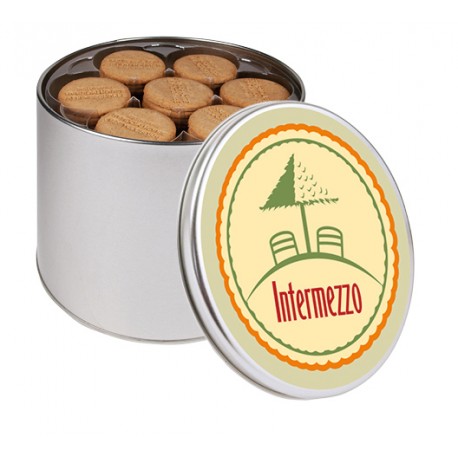 Round tin, embosseded  biscuits in tray