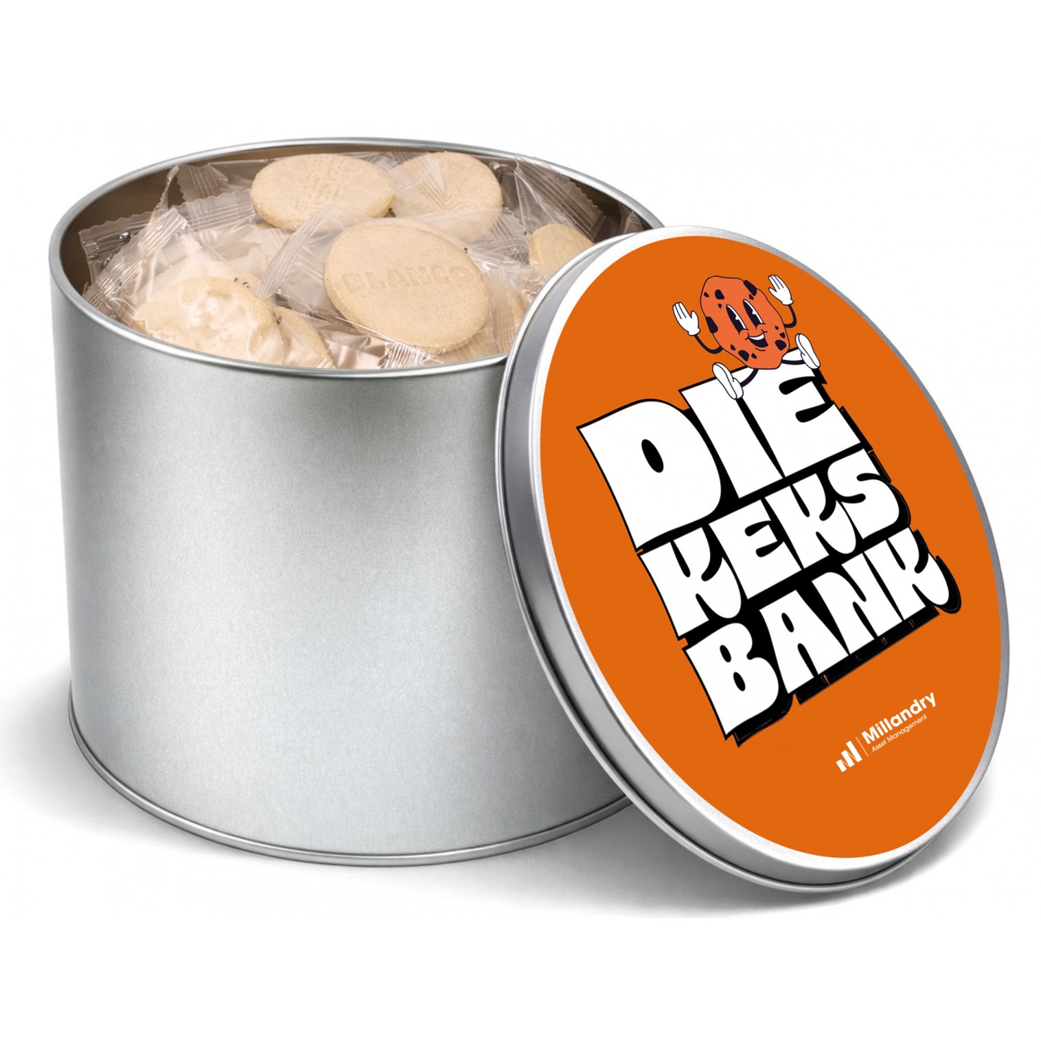 Round tin filled with flow-wrapped, embossed biscuits