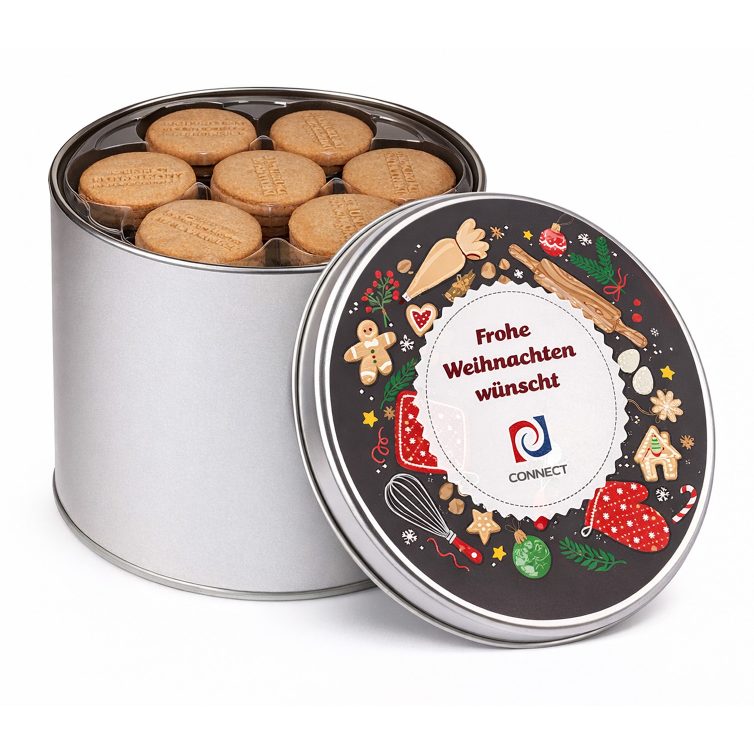 Round tin, embosseded  biscuits in tray