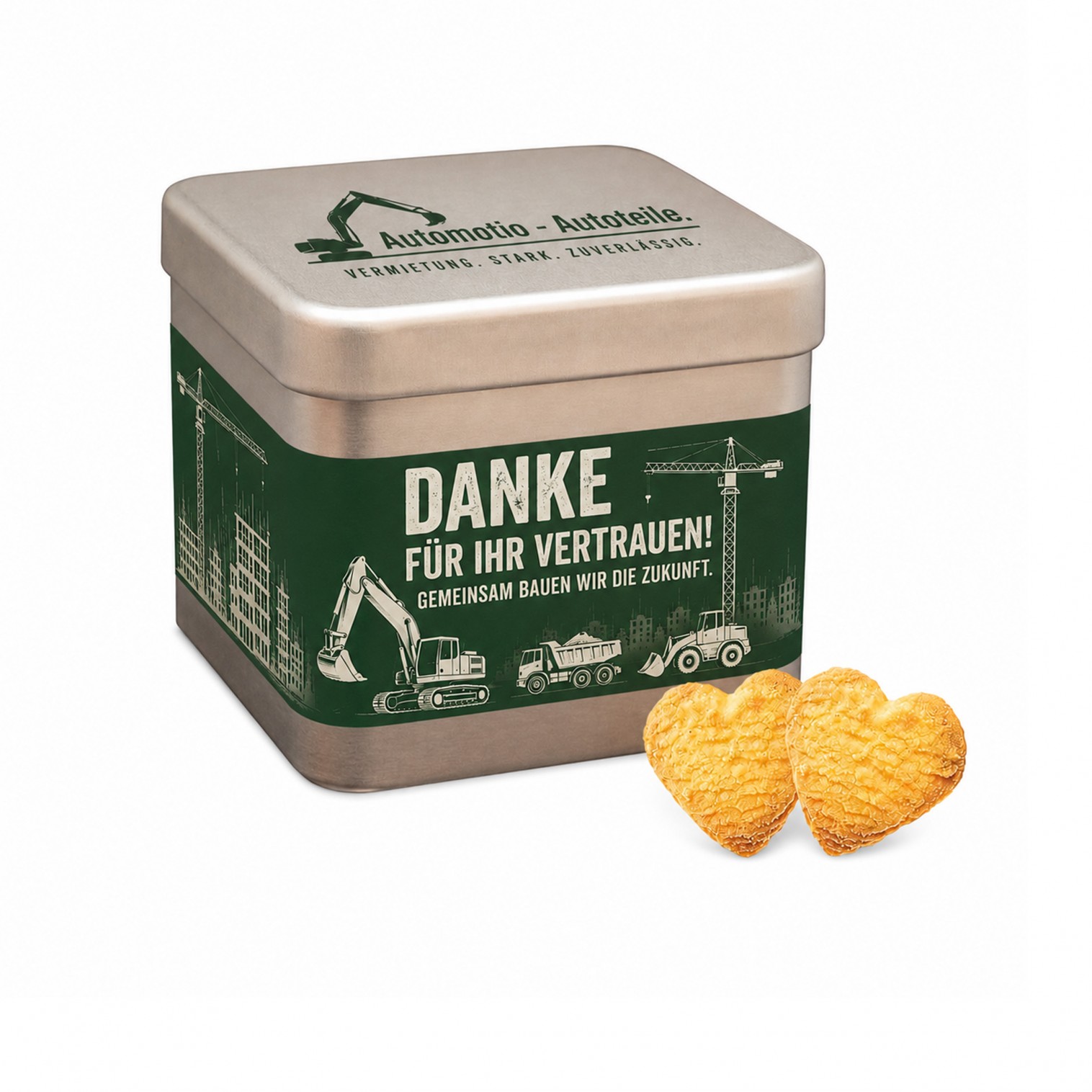 KubiTin, quadratische Dose befüllt mit Butterherzen