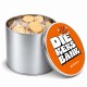 Round tin filled with flow-wrapped, embossed biscuits