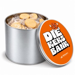 Round tin filled with flow-wrapped, embossed biscuits