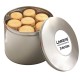 Round tin – flow-wrapped, embossed biscuits